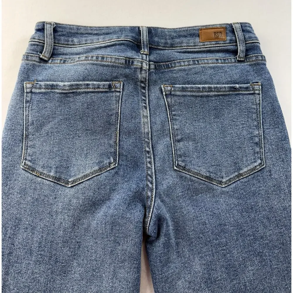 RSQ Mid Rise Boot Cut Jeans Womens Size 7/28 Light Wash Raw Hem Stretch